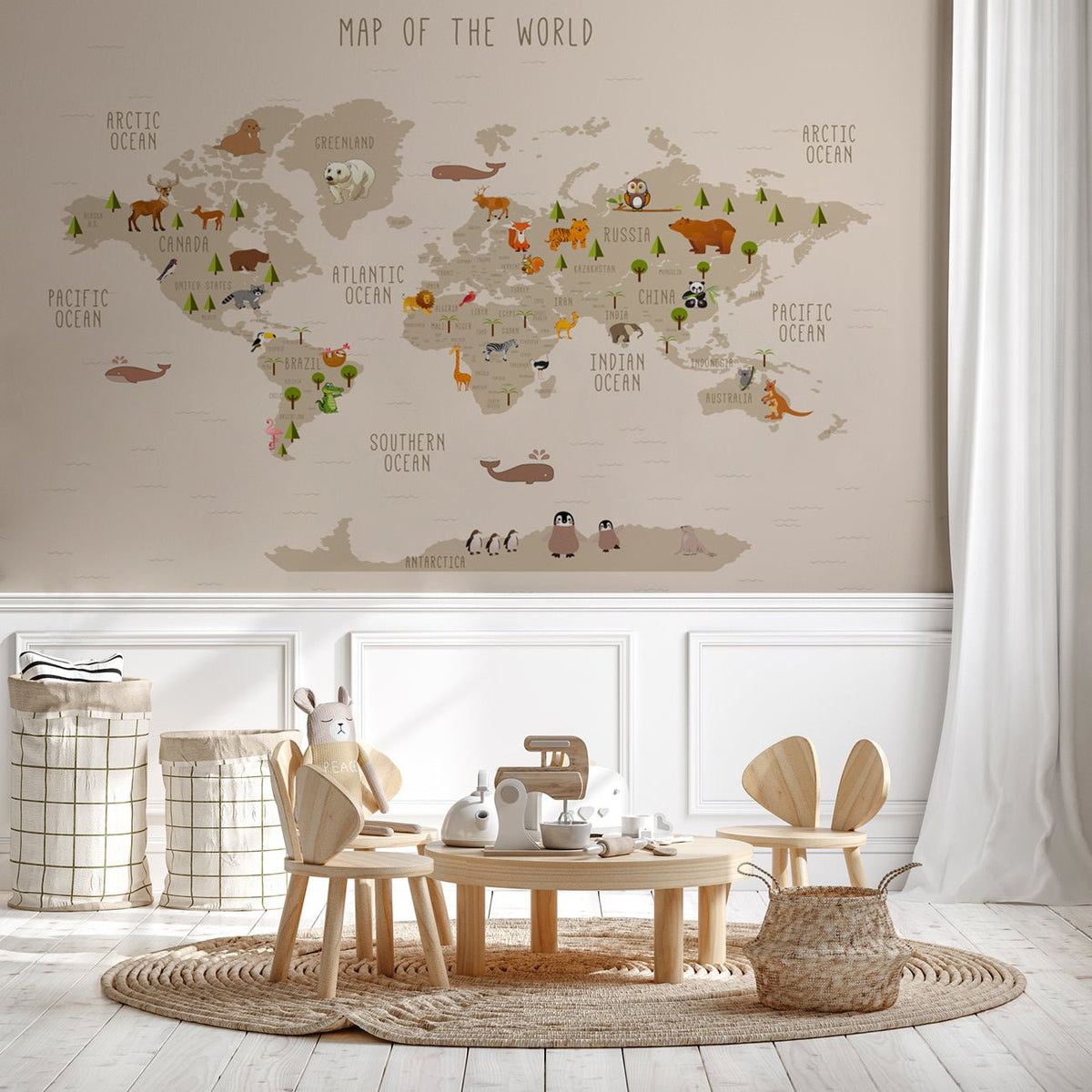 Carte du monde illustrée Animaux beige
