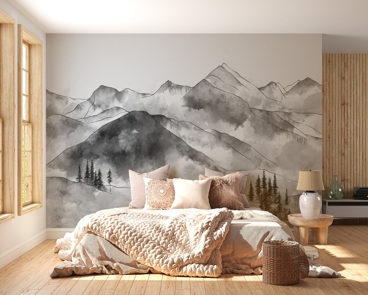 Papier peint montagne chaine des Aravis noir et blanc - Muralconcept