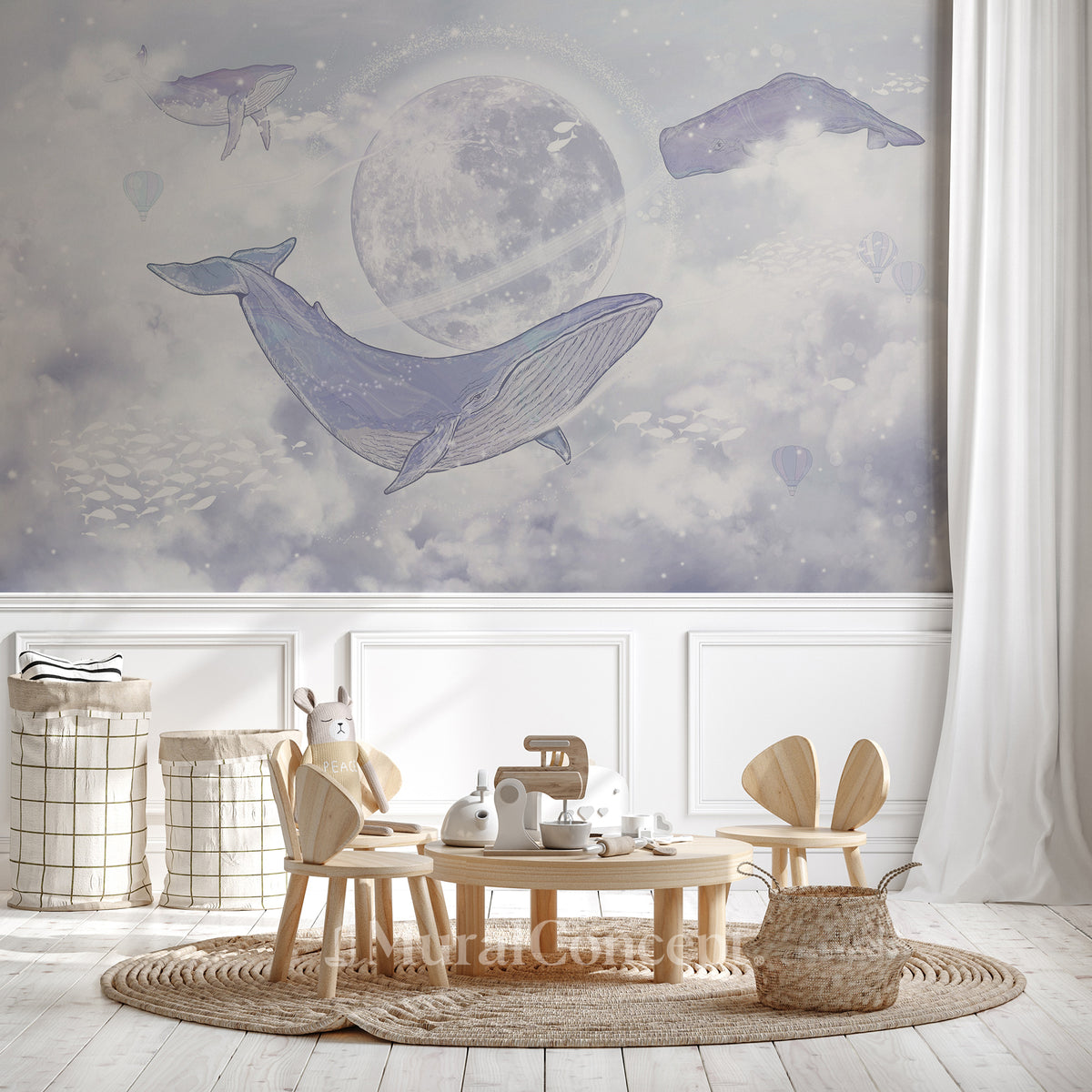 Papier peint enfant baleines célestes
