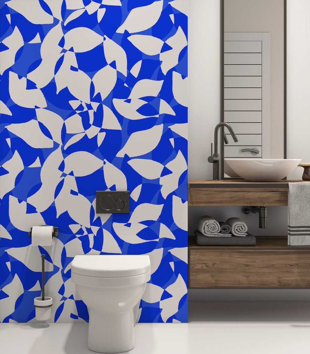 Papier peint panoramique toilette abstrait bleu