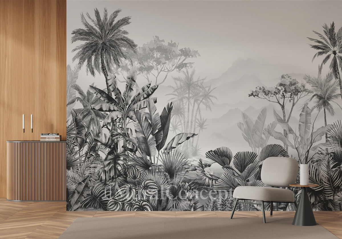 Papier peint tendance tropical noir et blanc - Muralconcept