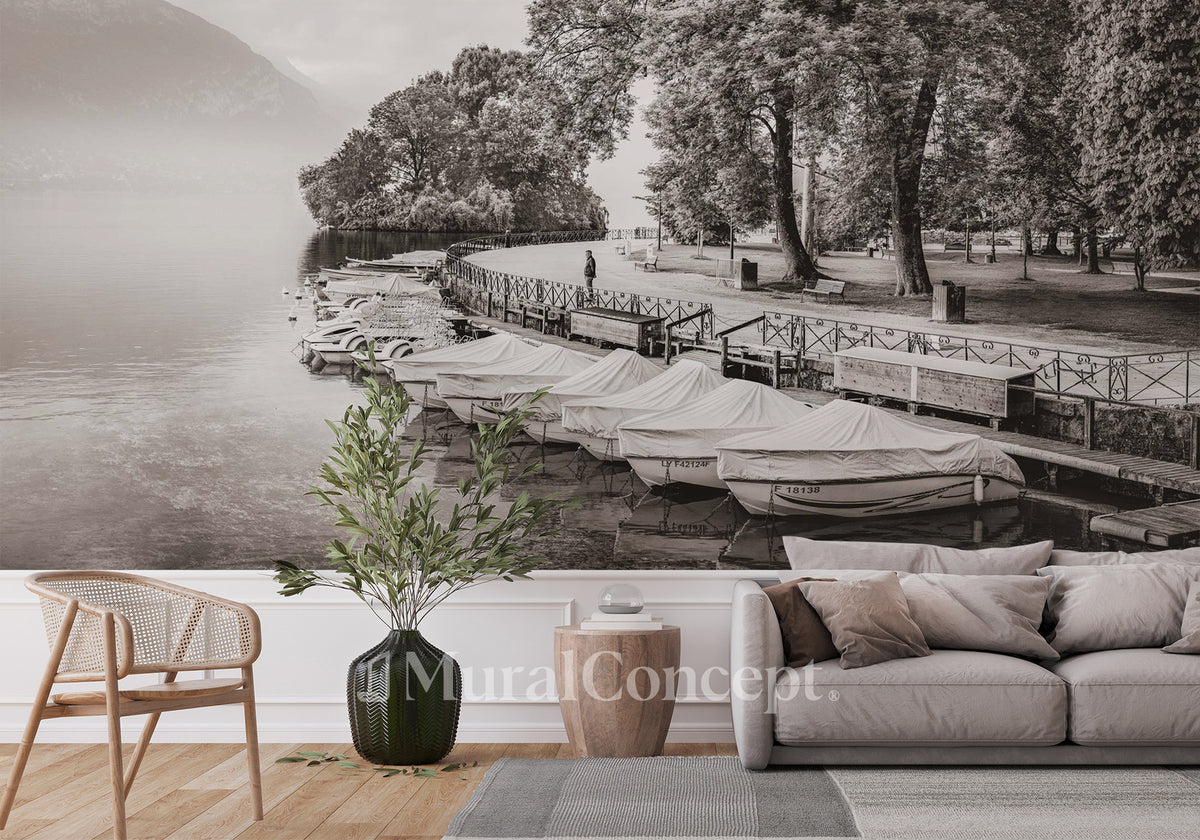 Papier peint panoramique contemplation lac d'Annecy Sépia