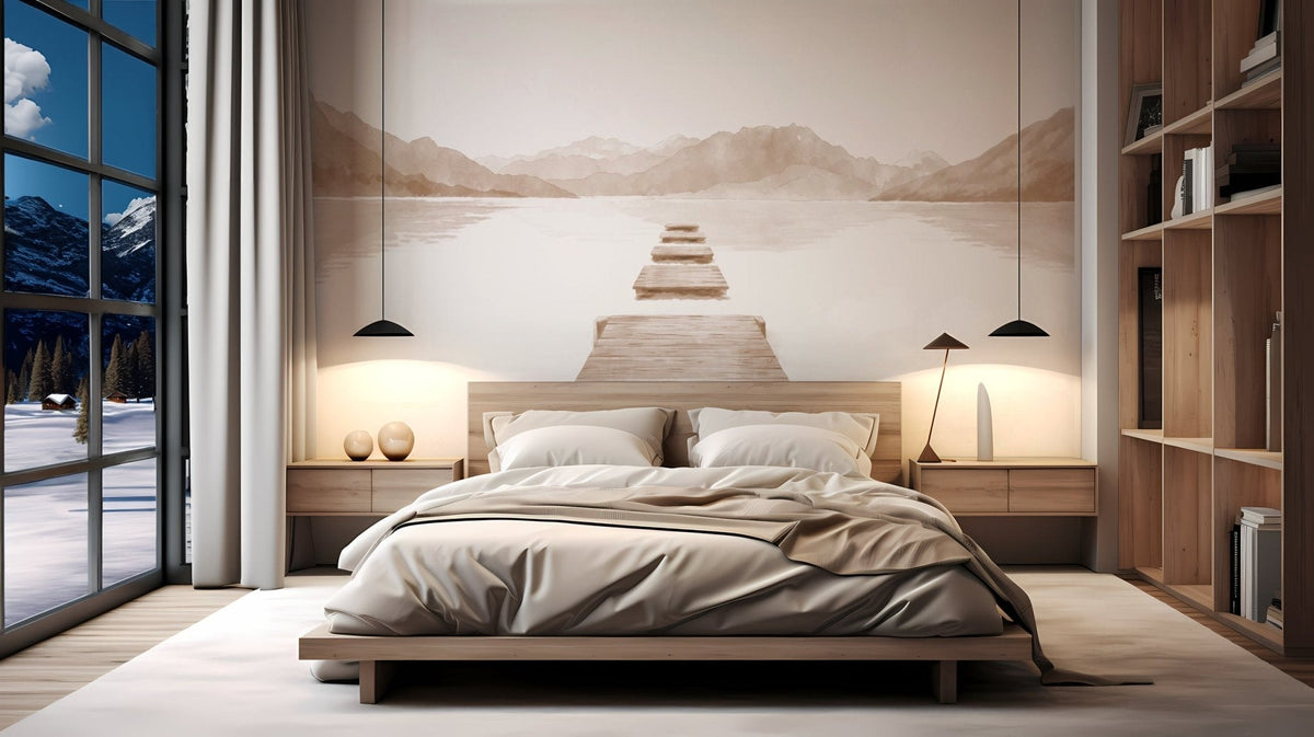 Tapisserie murale panoramique du lac d'Annecy en beige dans une chambre — MuralConcept