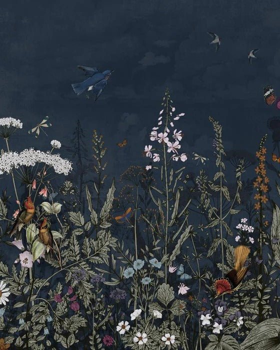 Papier peint panoramique bleu nuit floral, XXL, tendance