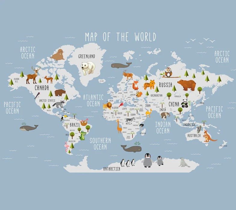 Papier peint Carte du monde illustrée Animaux