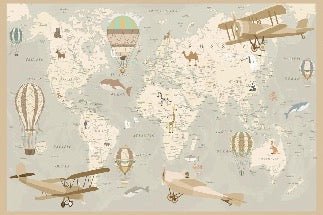 Papier peint enfant carte du monde aviateur, XXL, tendance