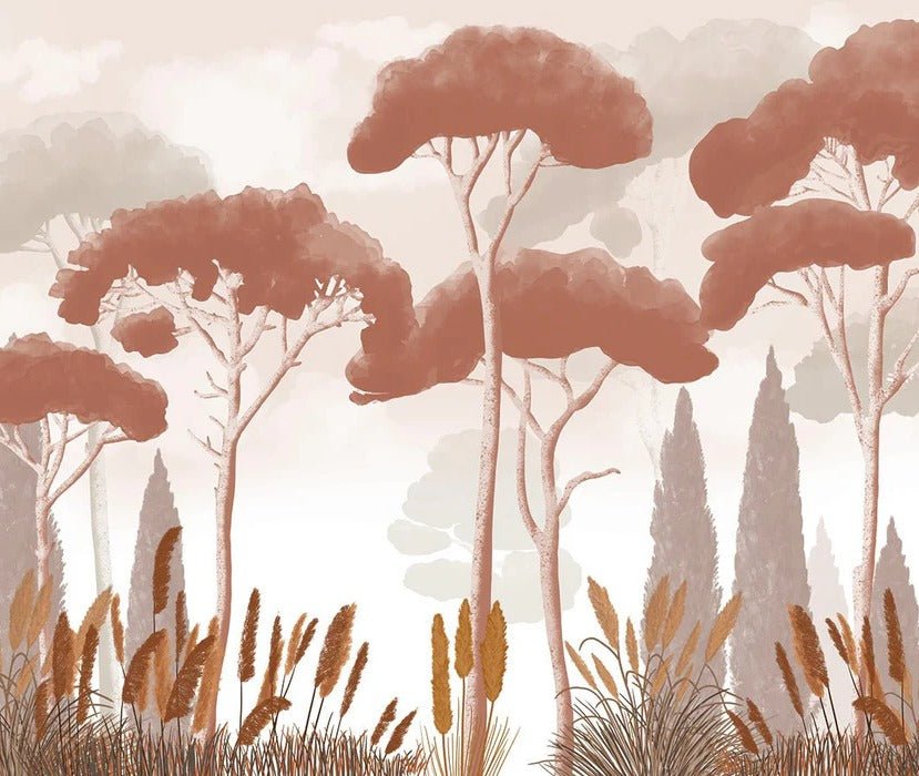 Papier peint cyprès pins et herbes de la pampa terracotta, XXL, tendance