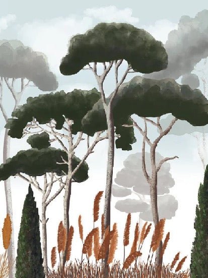 Papier peint sur mesure cyprès pins et herbes de la pampa