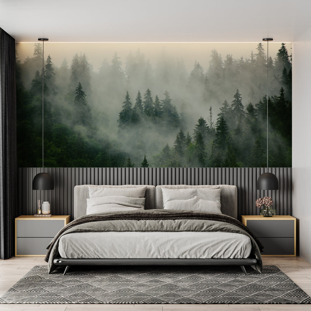 Tapisserie Murale Psychédélique Forêt Brumeuse 200x200cm - Décoration Nature Esthétique Pour Chambre, Salon Ou Dortoir, Vert