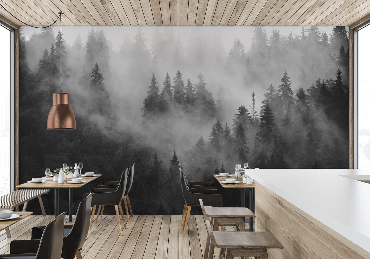 Papier peint bistrot forêt brumeuse noir et blanc