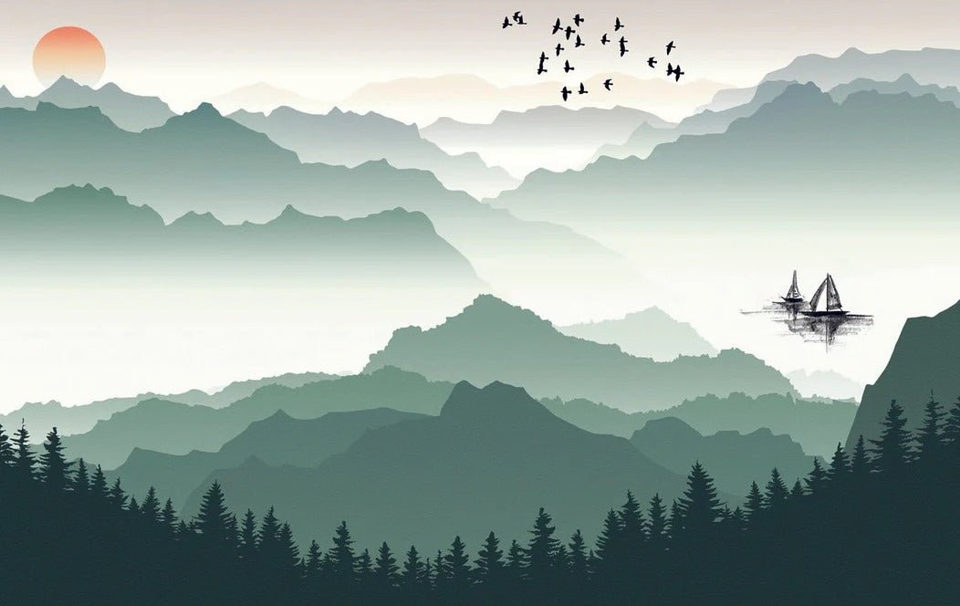 Papier peint montagne et voile sur le lac, XXL, tendance