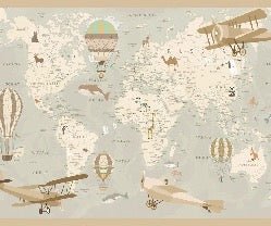 Papier peint enfant carte du monde aviateur, XXL, tendance