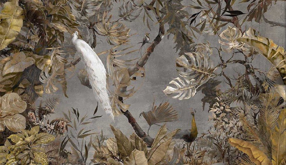 Papier peint panoramique paon blanc impérial, XXL, tendance