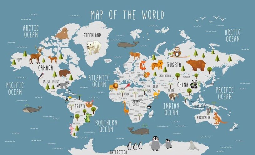 Papier peint Carte du monde illustrée Animaux bleu foncé