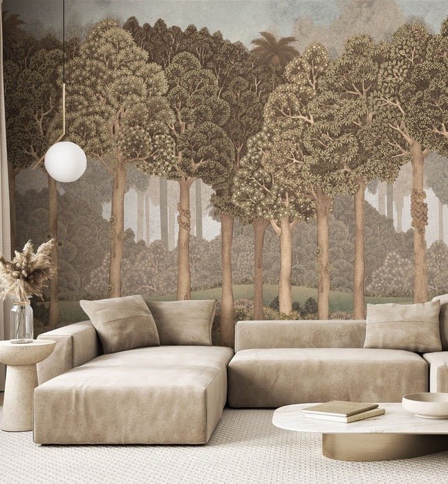 Papier peint grands arbres illustré, XXL, tendance