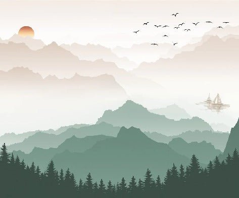 Papier peint montagne dans brume terracotta, XXL, tendance