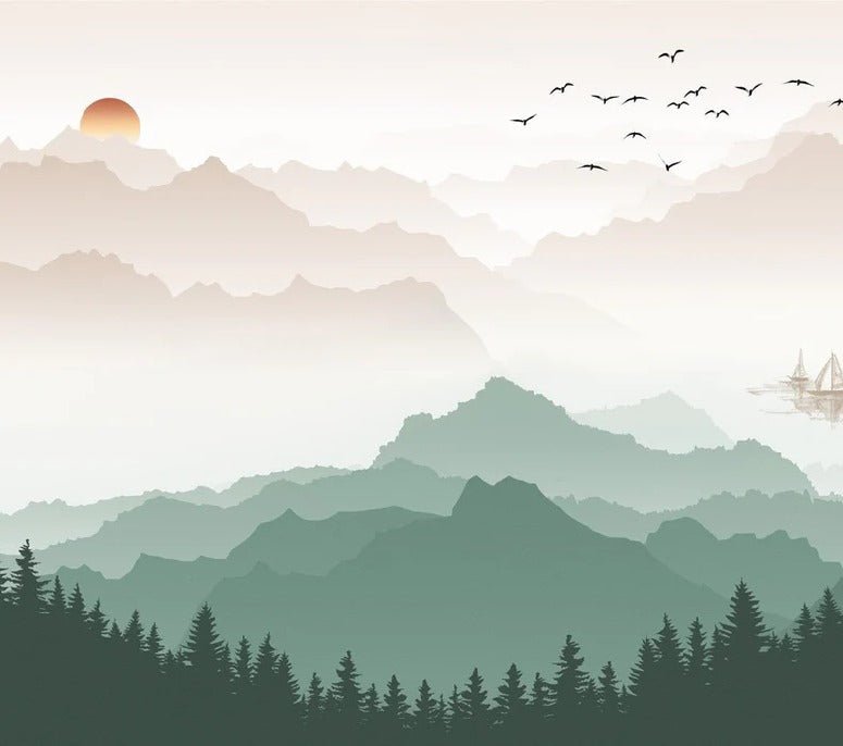 Papier peint montagne dans brume terracotta, XXL, tendance