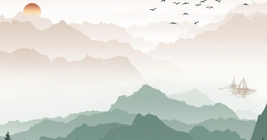 Papier peint montagne dans brume terracotta, XXL, tendance