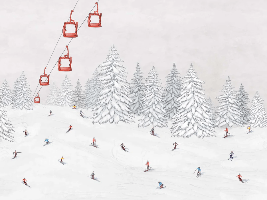 Papier Peint Télécabine Skieurs Colorés - H166cm x L222cm - Matière Softouch - Muralconcept