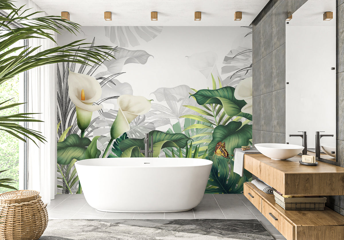 Papier peint salle de bain nature lys blanche