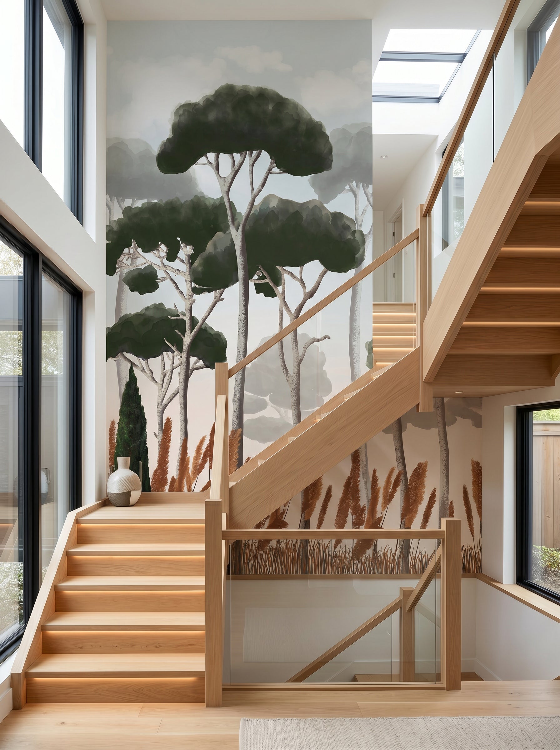 Papier peint Escalier - Cyprès pins et herbes de la pampa - Muralconcept
