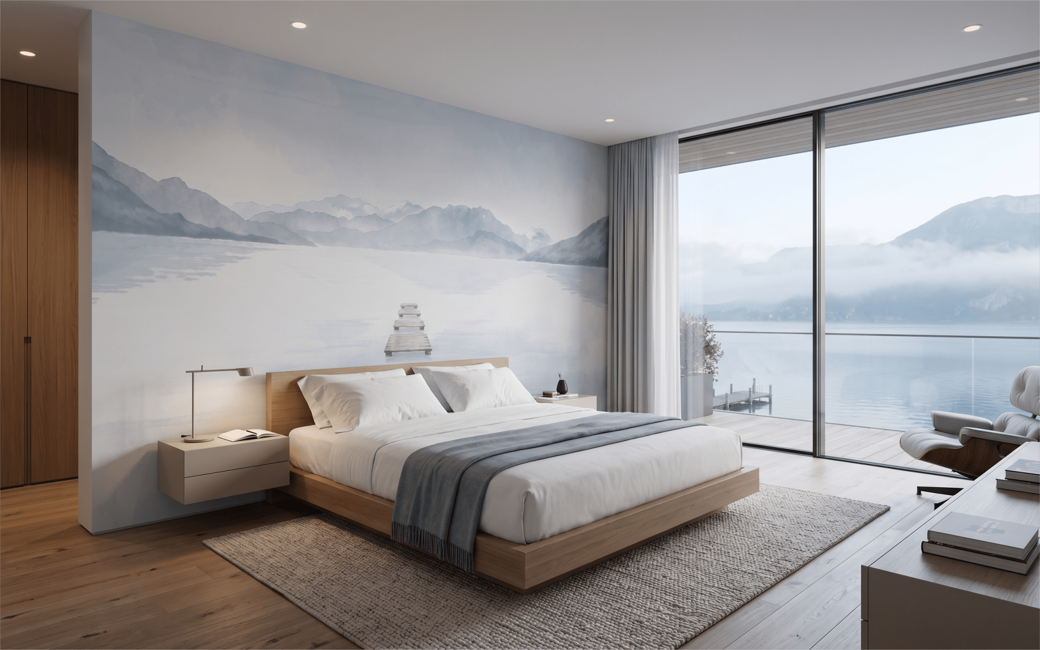 Papier peint lac et montagne panoramique – Ponton Annecy aquarelle bleu - Muralconcept