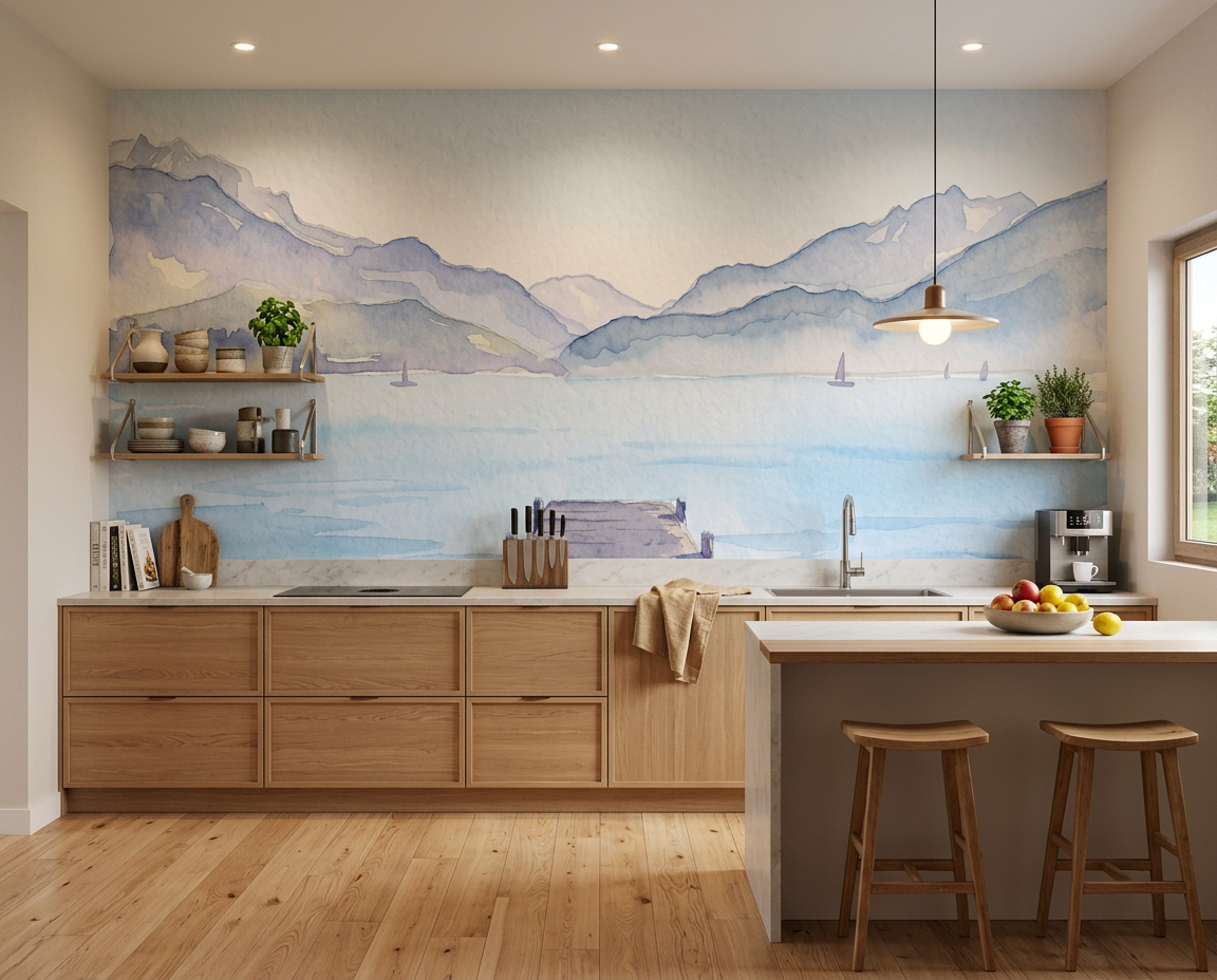 Papier peint aquarelle ponton lac Annecy - Perspective - Muralconcept