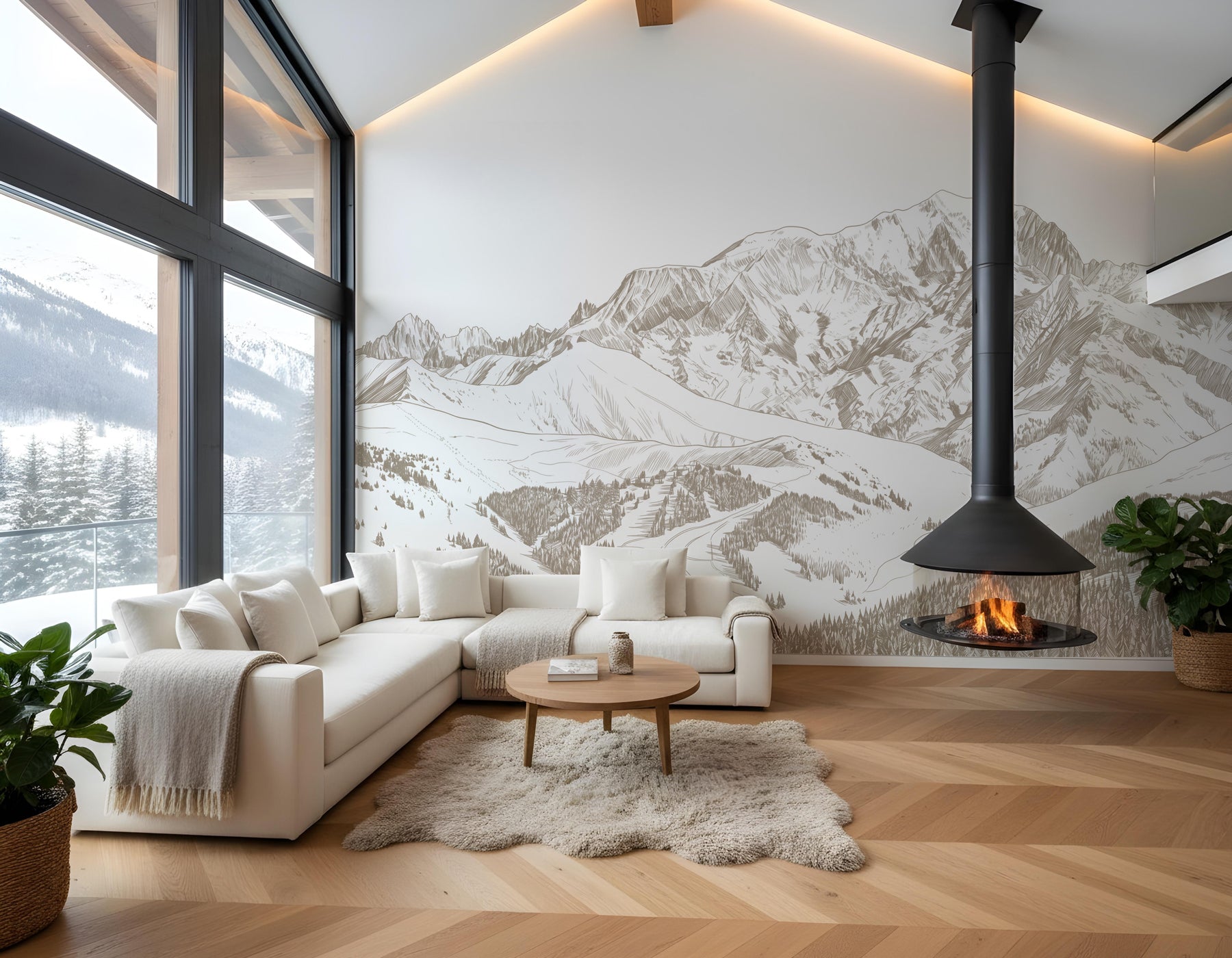 Papier peint panoramique Mont Blanc graphique sépia - Muralconcept