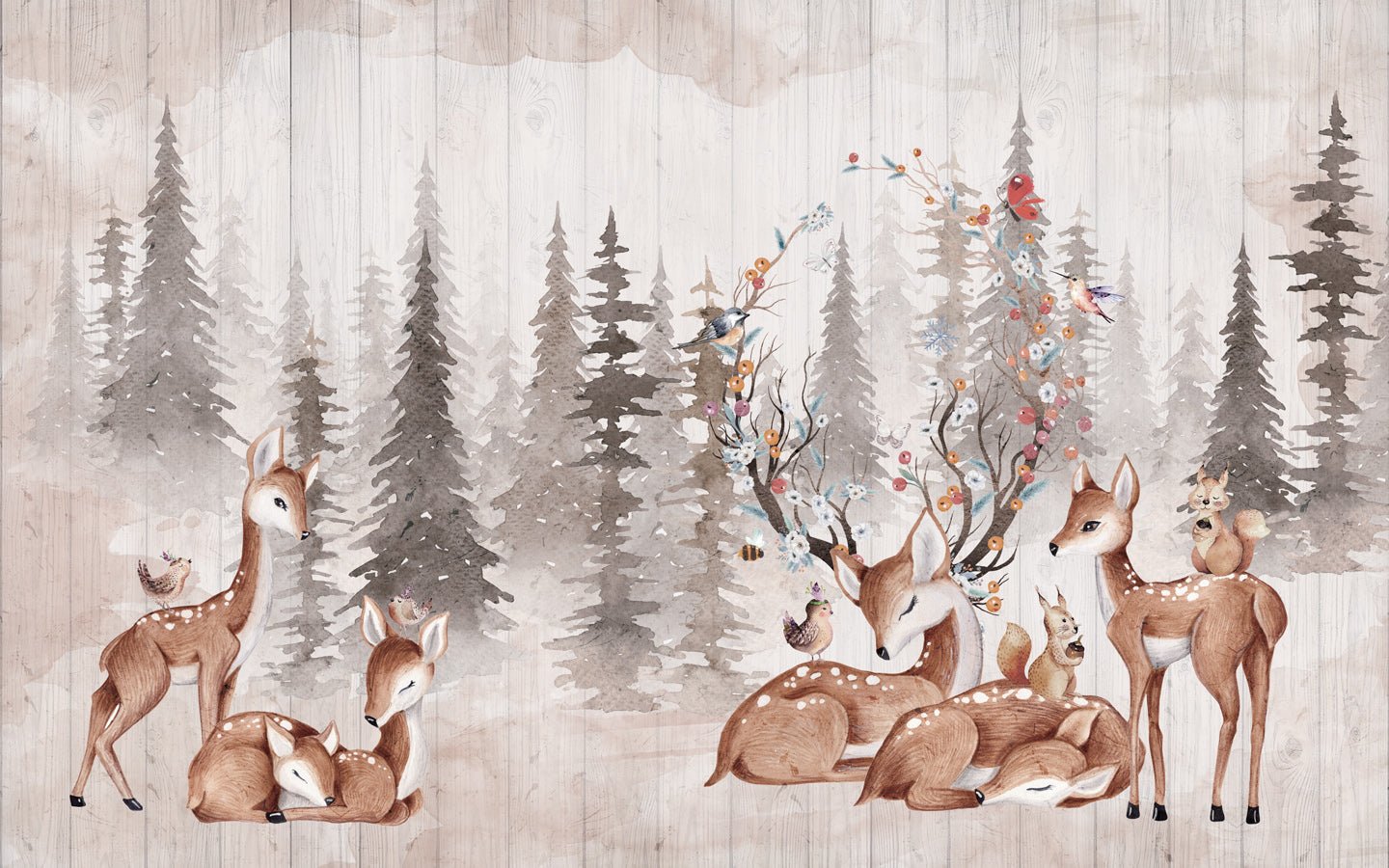 Papier peint panoramique enfant la clairière des biches - Muralconcept