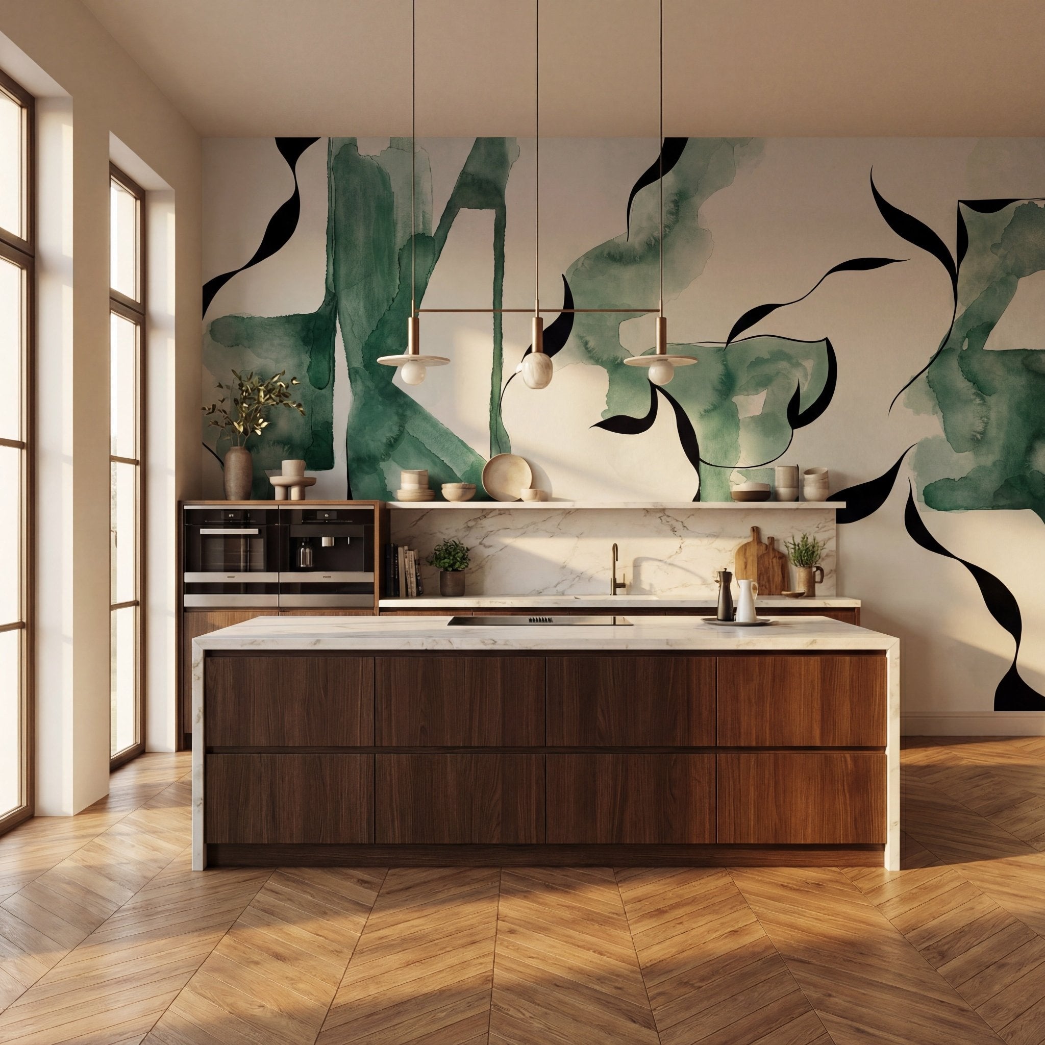 Papier peint abstrait moderne – Abstract Green Flow - Muralconcept