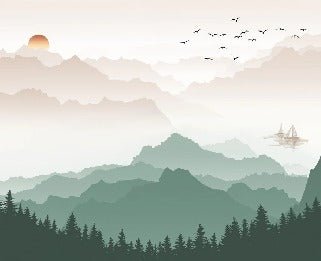 Papier peint montagne dans brume terracotta, XXL, tendance