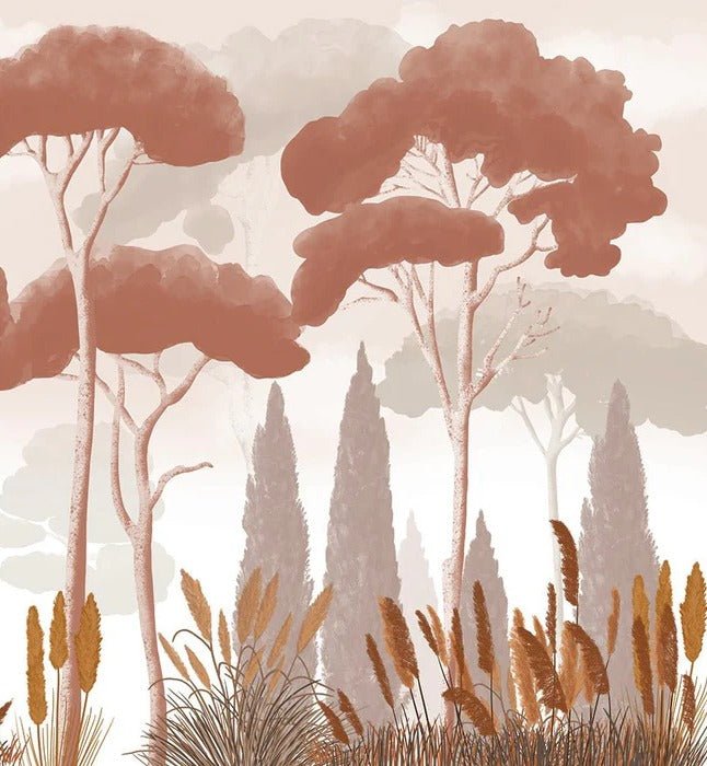 Papier peint cyprès pins et herbes de la pampa terracotta, XXL, tendance