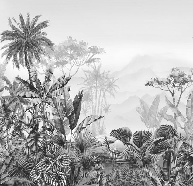 Papier peint salle de bain tendance tropical noir et blanc, XXL, tendance