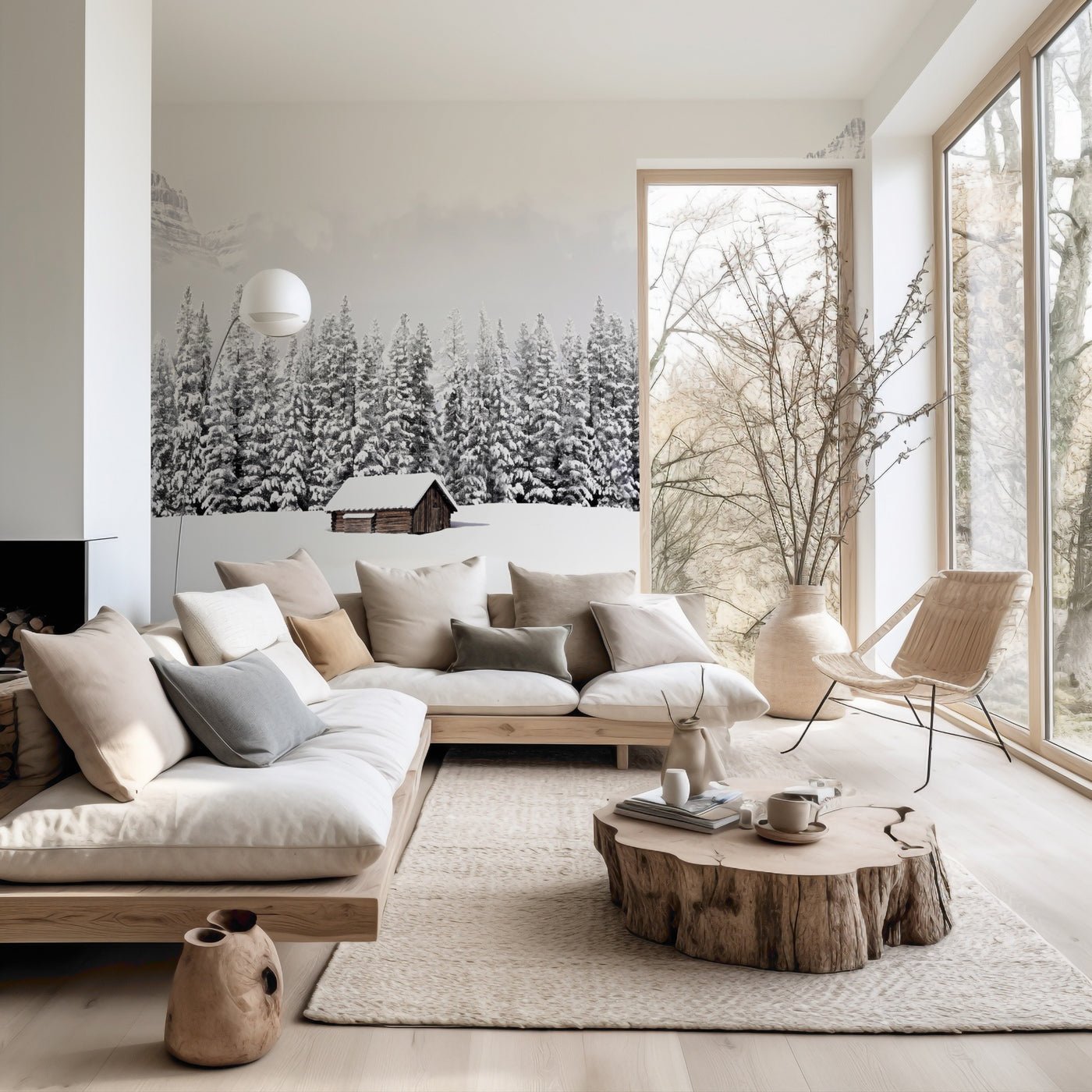 Papier peint panoramique chalet en montagne, mural concept, tendance