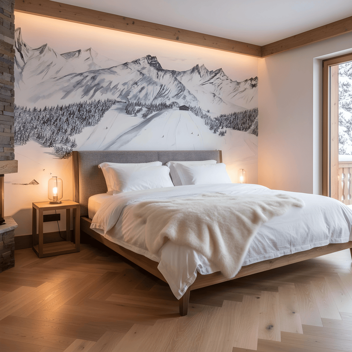 Papier peint montagne Megève – Fresque artistique peinte à la main