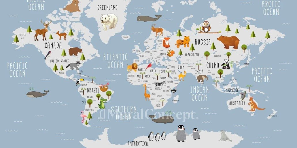 Papier peint Carte du monde illustrée Animaux