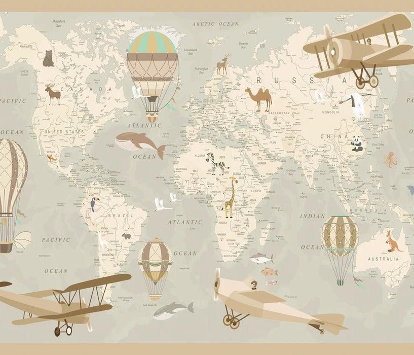 Papier peint enfant carte du monde aviateur, XXL, tendance