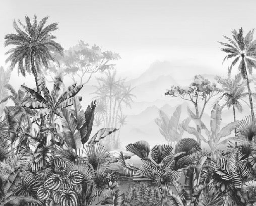 Papier peint salle de bain tendance tropical noir et blanc, XXL, tendance