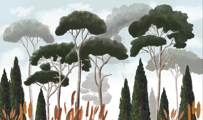 Papier peint sur mesure cyprès pins et herbes de la pampa, mural concept, tendance