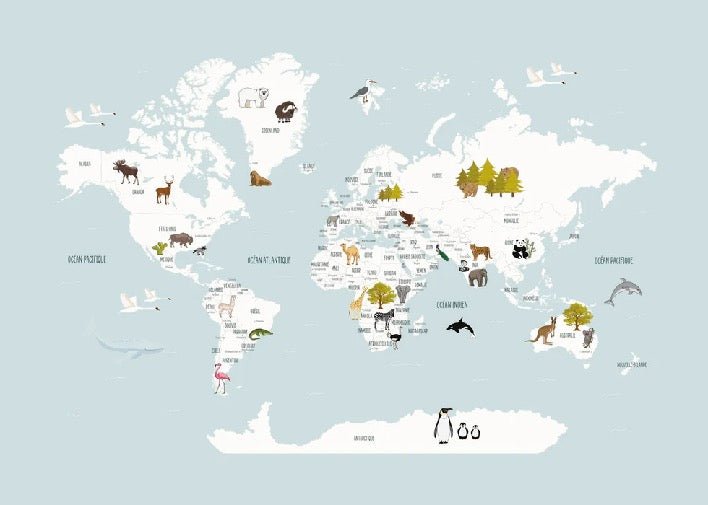 Papier peint Carte du monde en Francais enfant bleu glacier, XXL, tendance