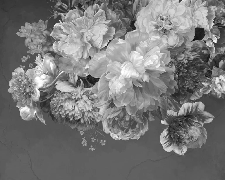 Papier peint fleur pivoine noir et blanc