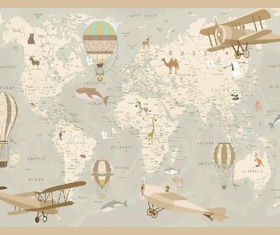 Papier peint enfant carte du monde aviateur, XXL, tendance