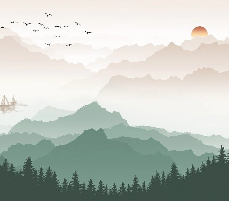 Papier peint montagne dans brume terracotta, XXL, tendance