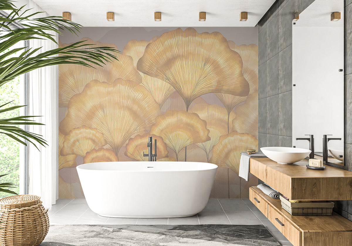 Papier peint salle de bain contemporain ginkgo ocre