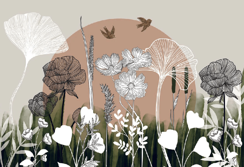 Papier peint panoramique illustration florale - Muralconcept