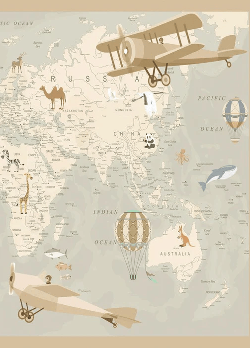 Papier peint enfant carte du monde aviateur, XXL, tendance
