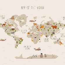 Carte du monde illustrée Animaux beige