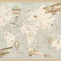 Papier peint enfant carte du monde aviateur, XXL, tendance