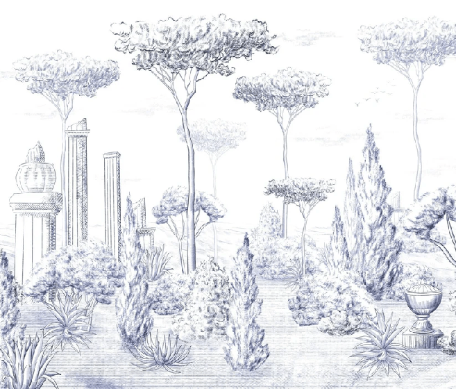 Papier peint style romain pinède bleu, XXL, tendance