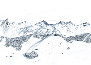 Papier peint montagne Megève – Fresque artistique peinte à la main - Muralconcept